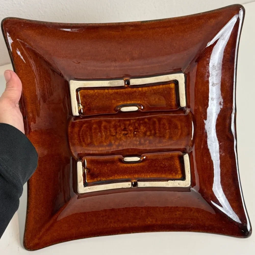 Vintage Mid-Century USA Pottery Ashtray Orange Brown